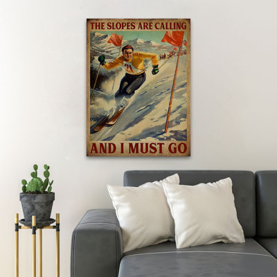 «Skiing Athlètes on a Game - The Slopes Are Calling And I Must Go», reproduction d'art graphique sur toile tendue 1 pièce