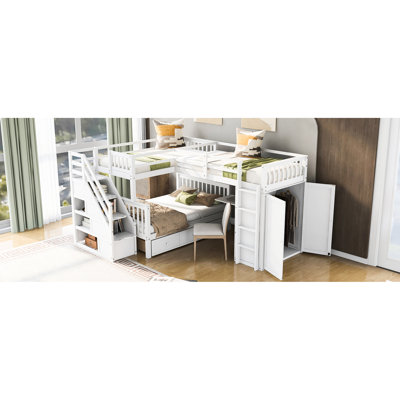 Over Full L-Shaped Bunk Bed, White - 3 Drawers, Portable Desk, Wardrobe, Guardrail For Upper , Solid Pine Wood Structure, Extra Play Space Bed With Desk And Wardrobe Utilizes Efficiently, Shelves In