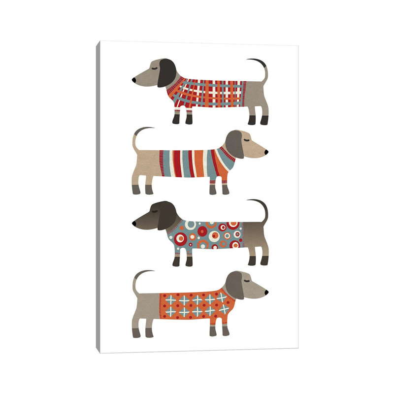 Sausage Dogs In Sweaters by Nic Squirrell - Wrapped Canvas Gallery-Wrapped Canvas Giclée, 20.32 cm H x 30.48 cm W