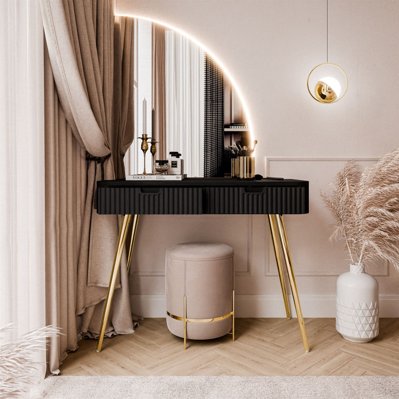 -QS dressing table with LED mirror, Black/Gold