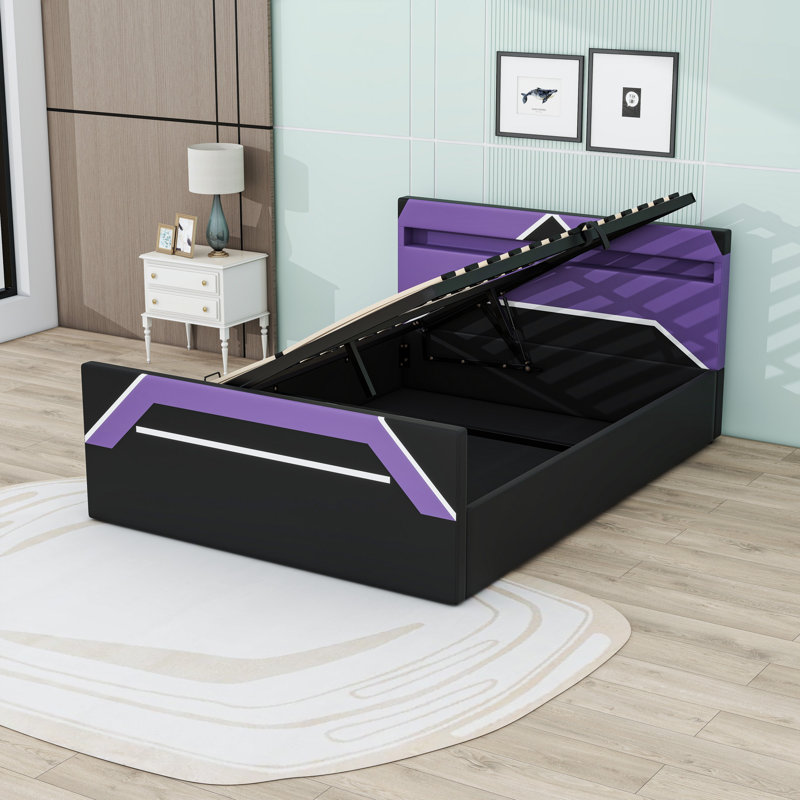 Lit de jeu avec tête de lit à DEL, Black Purple