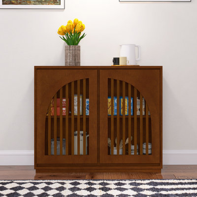Mid Century Modern Fluted Sideboard Cabinet With 2 Outlet Holes, Buffet Cabinet With Storage,Walnut
