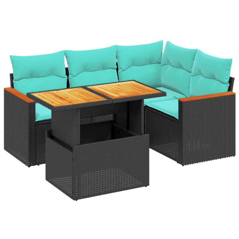  Ensemble de canapé de patio 5 pièces avec coussins en rotin de polyester, Noir, Vert