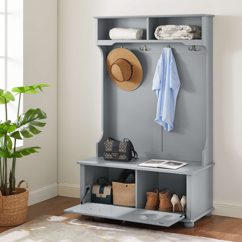 Modern Classic Hall Tree With Shoe Rack Bench And Coat Hooks For Hanging Storage, Entryway Bench With Open Shelves And Shoe Cabinets
