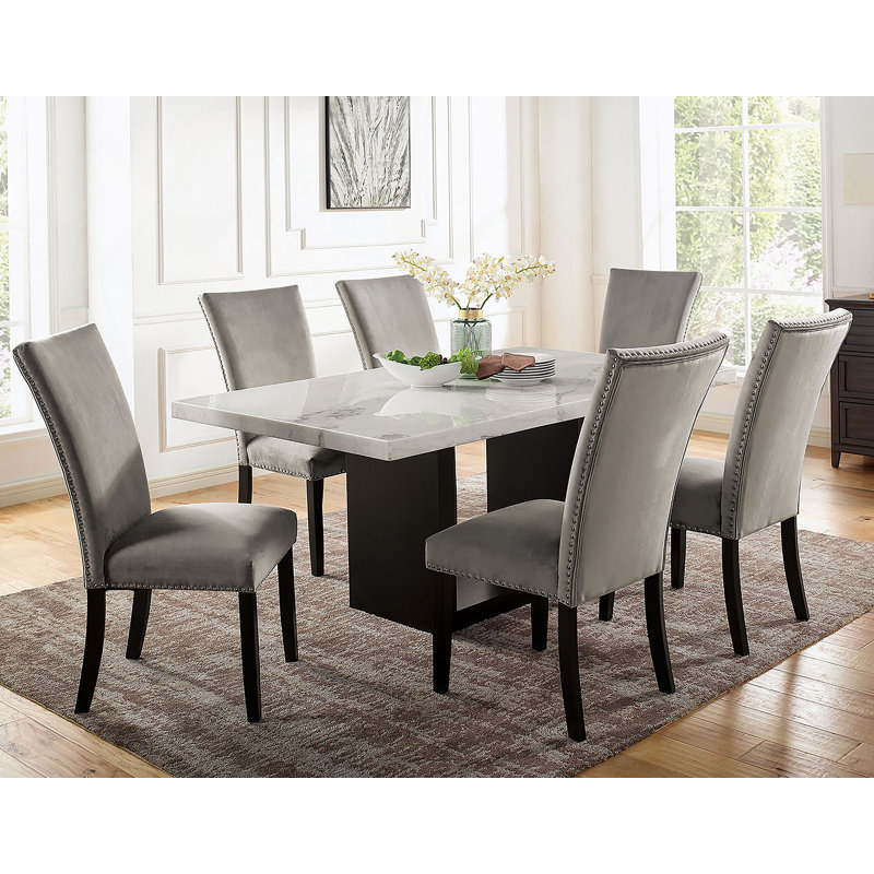 Ensemble de table de salle à manger, table avec 6 chaises d'appoint rembourrées pour la salle à manger, Gris clair