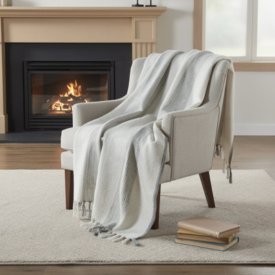 50" X 60" Gray And Ivory Cotton Woven Striped Throw Blanket with Fringe