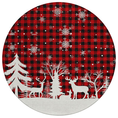 Machine Washable Indoor/Outdoor Christmas Reindeer Xhevrie Red Rug