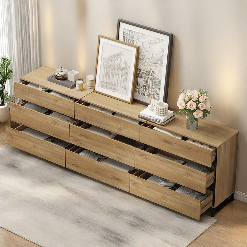Aadam Dresser For Bedroom, Closet Organizers And Storage With 9 Drawers, Chest Of Drawers With Metal Base, Wooden Modern Dresser For Living Room, Bedroom, Entryway, Oak