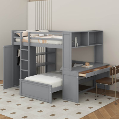 Full Size Loft Bed With Stand-Alone Bed, Shelves,Desk And Wardrobe