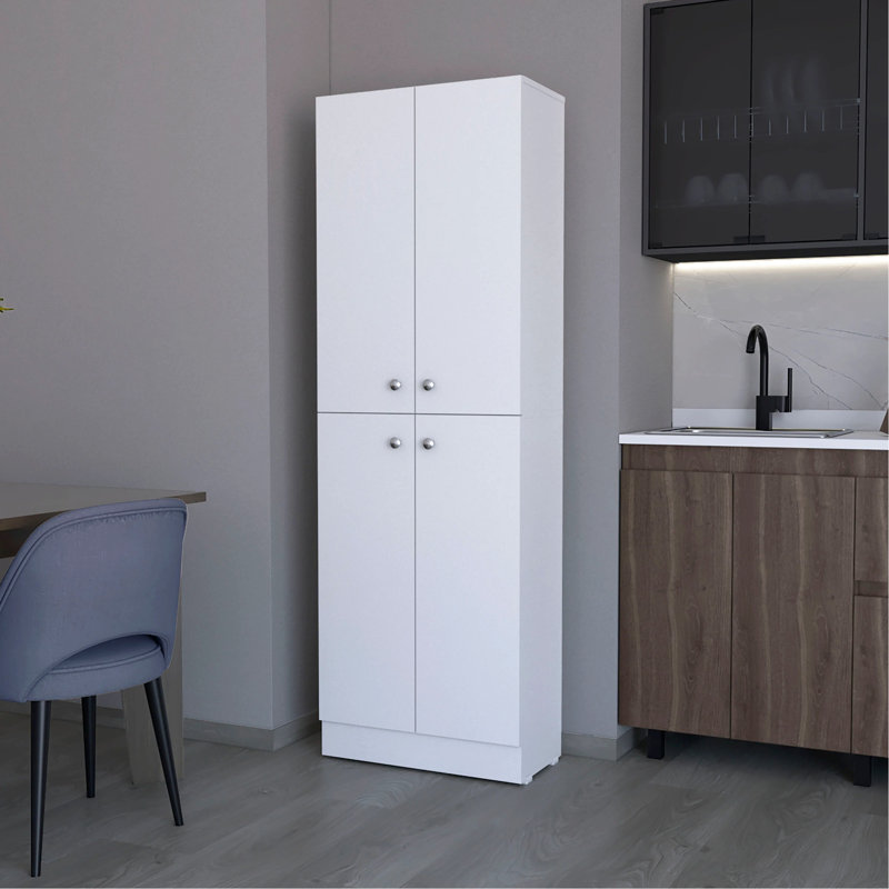 Élégant garde-manger blanc à 4 portes avec 5 tablettes pour la cuisine moderne, Blanc