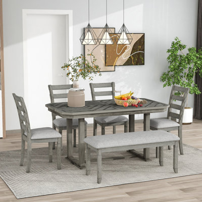 Ensemble de table de salle à manger 6 pièces en bois d'hévéa avec placage en bois massif et coussin moelleux