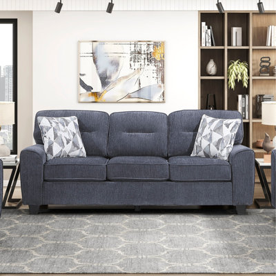 Durable Chenille Fabric Sofa w Decorative Pillows Blue Contemporary Living Room Furniture 1pc