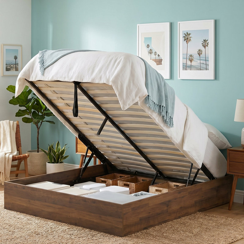 Wooden Platform Bed Frame with Lift Up Storage, Full, Taupe, Full, Taupe