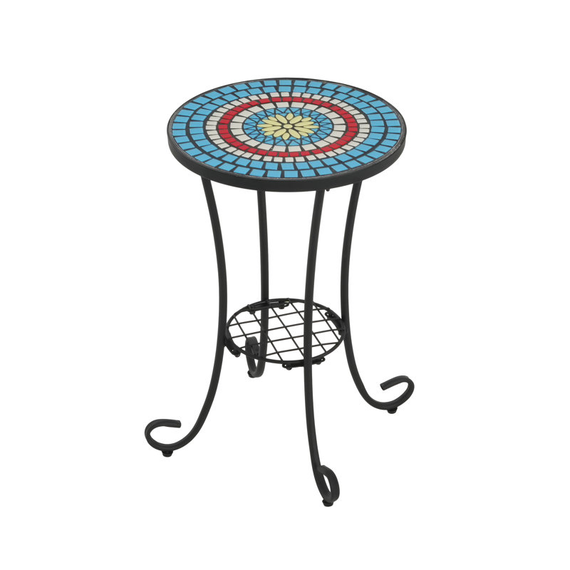 Patio Side Table with Shelf,Blue+Black