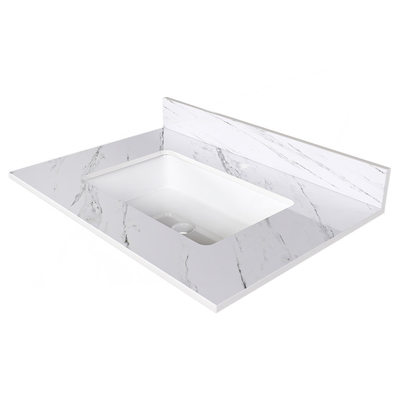 31 Inch Marble Vanity Top, White Vanity Top With Pre-Drilled Faucet Holes, Bathroom Vanity Top With Undermount Rectangular Middle Sink And 4" Height Backsplash,  Bianco Carrara Venato