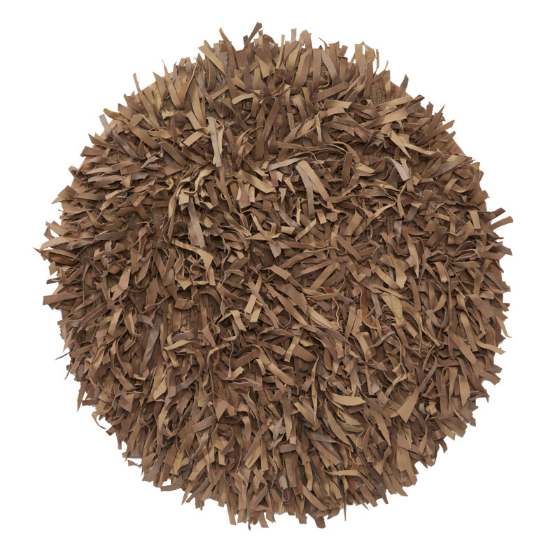 Handmade Pecan Leather Shag Round Rug 36"