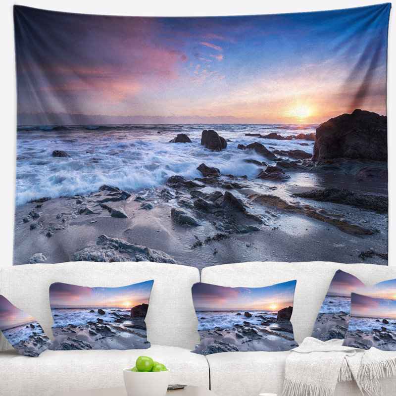 Finnygook beach à cornwall au coucher du soleil tapisserie, H 32 po x l 39 po