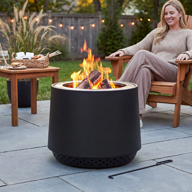 Sunjoy 21" Round Smokeless Wood Burning Fire Pit with PVC Cover & Fire Poker for Outdoor Backyard Camping, Black