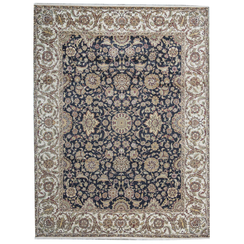 Tapis noir et crème noué à la main de haute qualité