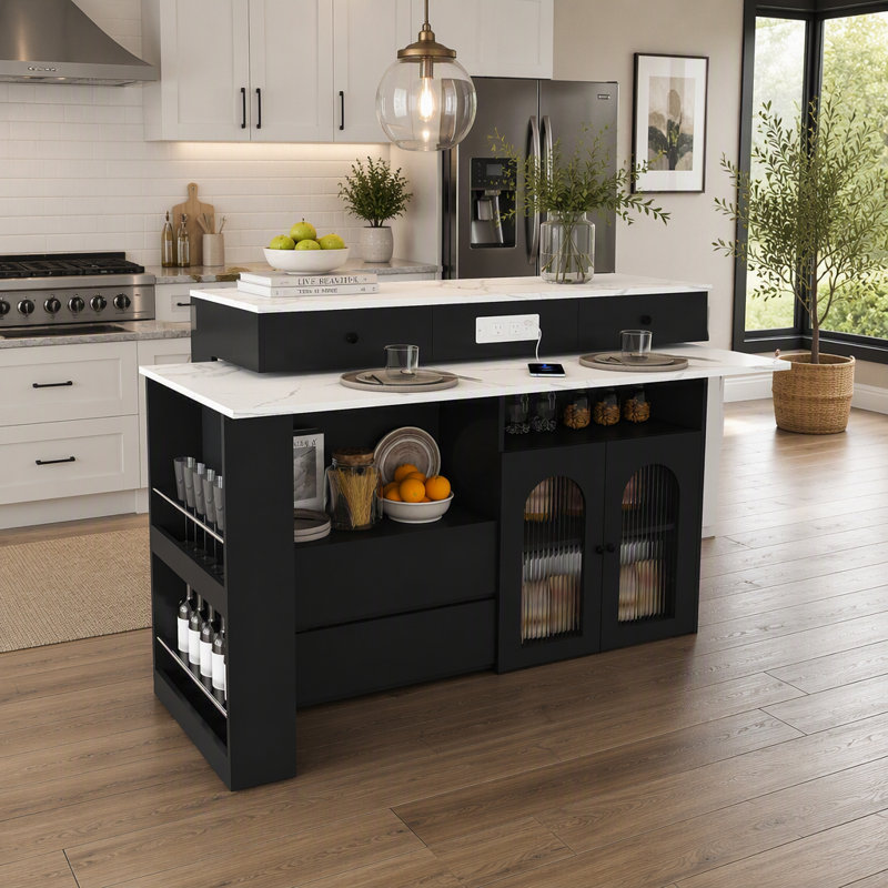 Îlot de cuisine avec table extensible et rotative, 4 tiroirs, armoires à portes en verre et douille intégrée pour 2 à 4 personnes