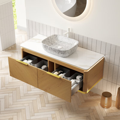 Meuble-lavabo 48 po: armoire flottante pré-assemblée avec tiroirs, système de fermeture en douceur, capteur DEL, lavabo en céramique à haute dureté et comptoir en pierre frittée, meuble-lavabo de finition en contreplaqué, comptoir en marbre
