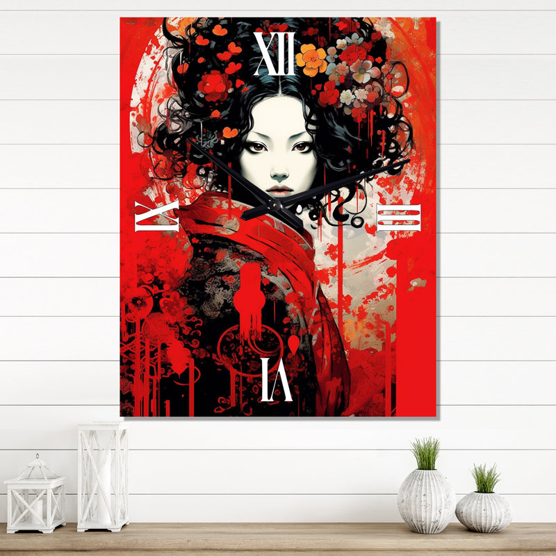 Vintage Oriental Beauty In Red And Black I - Japon Woman  Vintage Wall Clock, 28" H x 12" W x 1" D