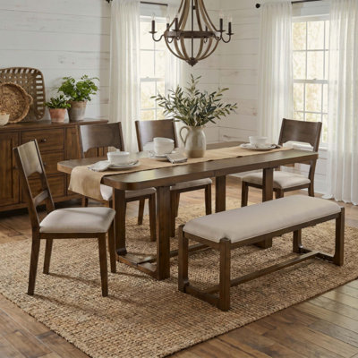 6-Piece Solid Wood Dining Table Set, Extendable Rectangular Dining Room Set with 4 Padded Chairs & Bench, 60"–84" Expandable Tabletop