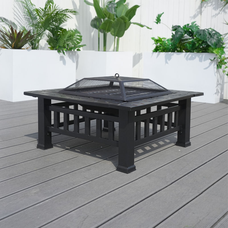 Foyer d'extérieur au feu de bois en acier avec couvercle l 31,9 po x H 14,9 po - noir, Brun