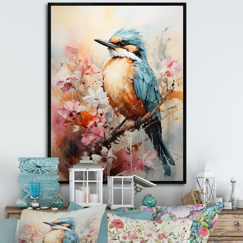 Beige et bleu, oiseaux chanteurs de la nature élégante sur toile, Cadre flottant noir, H 40 po x l 30 po x P 1,5 po