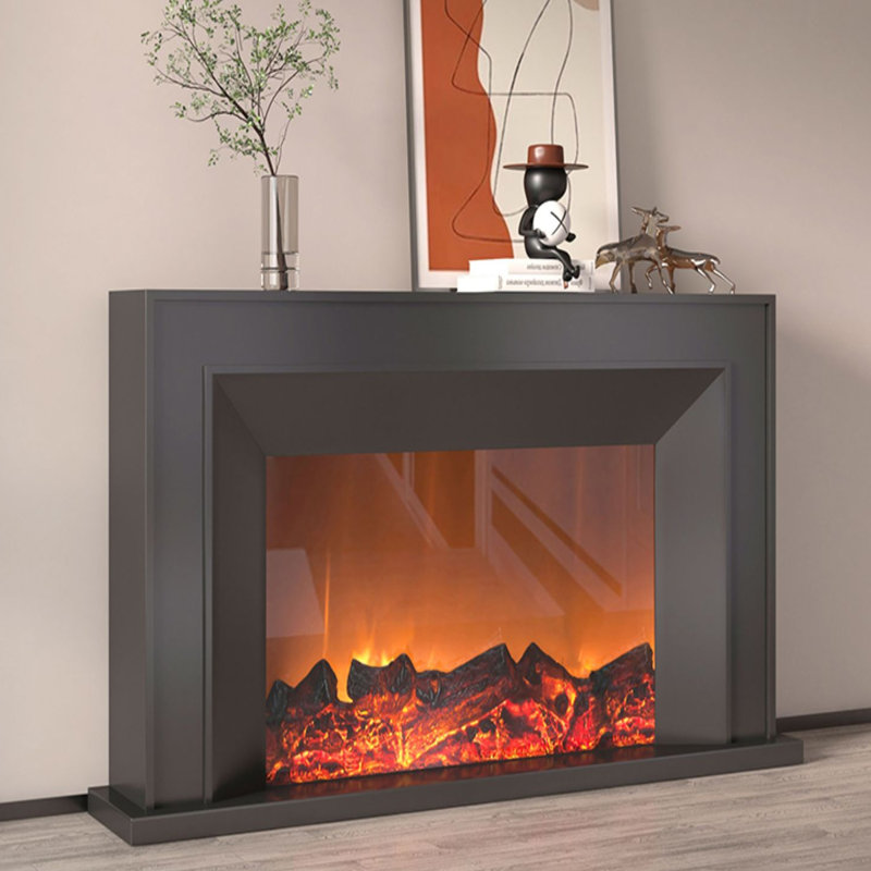 French retro solid wood simple simulated flame decorative electric fireplace, 39.37" H x 47.24" W x 12.6" D, Black