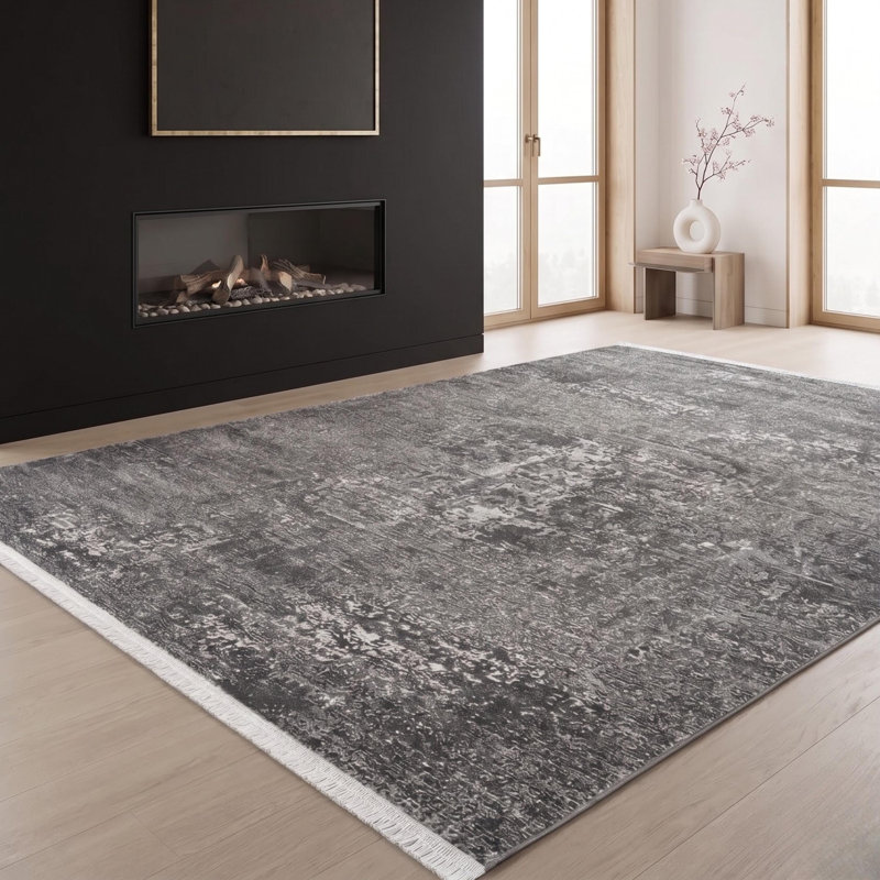Tapis en polypropylène tissé à la machine, motif abstrait anthracite, de forme libre, Medium — 5'3" x 7'7"