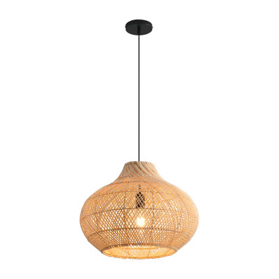 Small Rattan Pendant Light, Natural Wicker Shade, Iron Frame, Adjustable Height, E27 Socket, 35 Cm Diameter, For Kitchen Island Hallway (Bulb Not Included)
