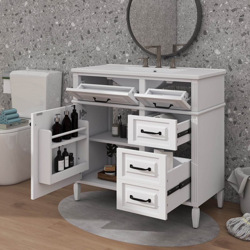 Meuble-lavabo indépendant de 36 pouces avec surface de lavabo en céramique - tiroir pivotant, tablette réglable, Blanc