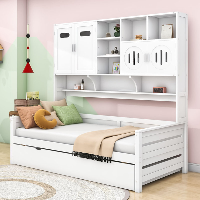 Lit de jour en bois avec lit gigogne et armoires et tablettes de rangement intégrées, Lit simple, Blanc