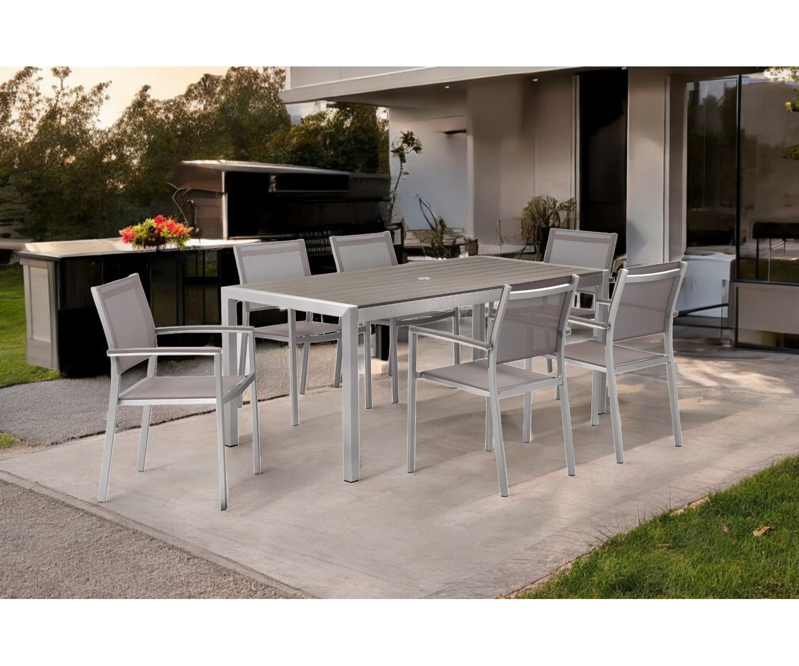 Aynura 71'' Plastic / Acrylic Outdoor Dining Table, Gray, Silver