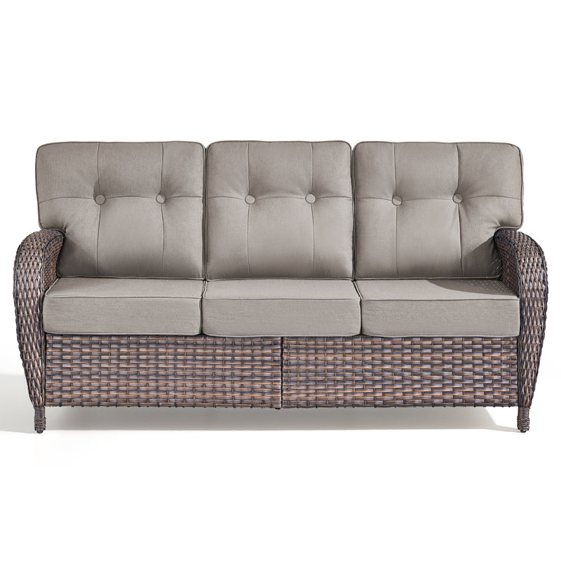 75" Wicker 3-Seat Sofa, Outdoor Conversation Furniture, All-Weather Rattan Couch, Steel Frame Couch With Cushions For Garden, Poolside, Porch