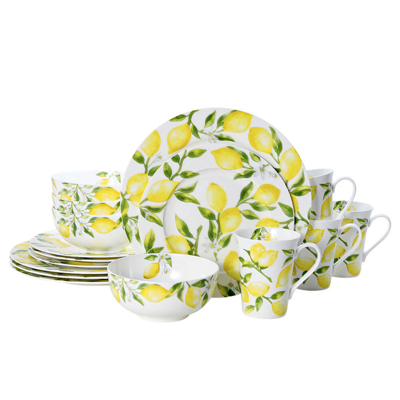 Bright White Porcelain Lemon Floral Dinnerware Set, Service for 4
