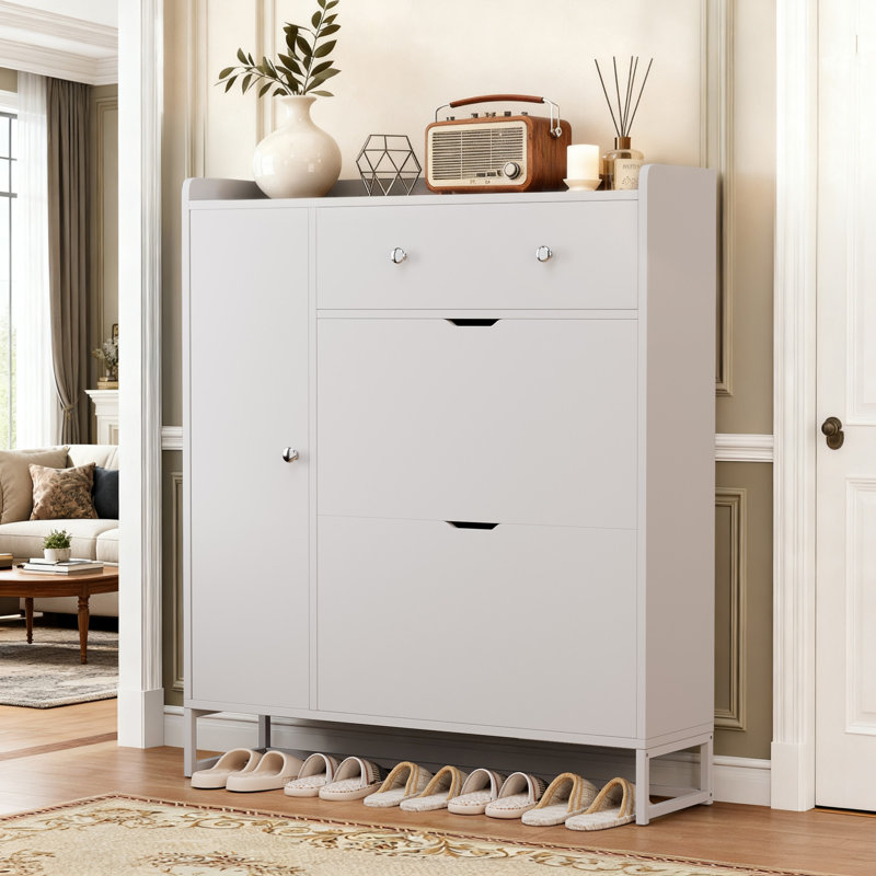 20 Pair Shoe Storage Cabinet With 2 Flip Drawers & 5-Position Adjustable Shelves, White