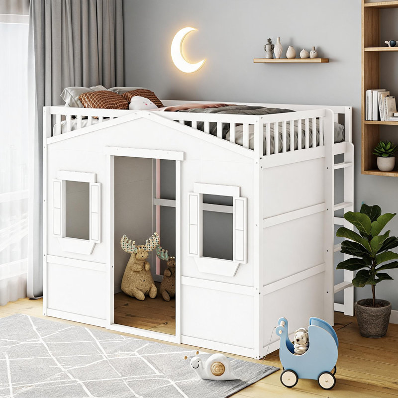 Solid wood platform bed full size compact elevated loft bed with sturdy side ladder, finished in classic white