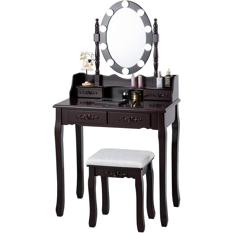 Coiffeuse de maquillage espresso avec 10 lumières DEL, luminosité réglable et 3 modes de couleur, 4 tiroirs, miroir rotatif, tabouret rembourré, coiffeuse pour chambre à coucher