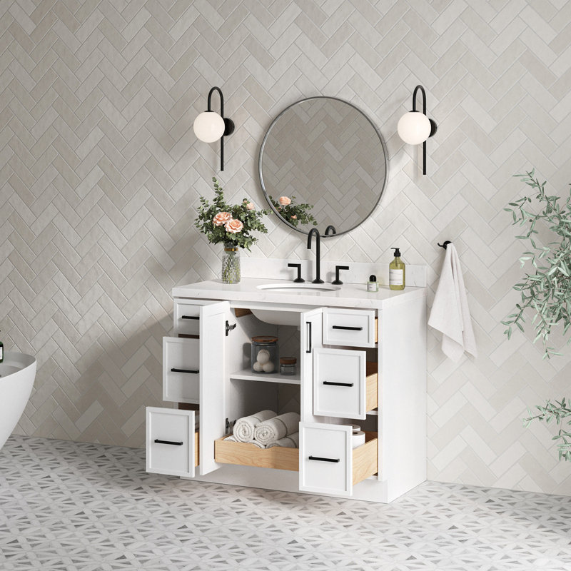 Ensemble de meuble-lavabo simple avec plateau en quartz ARIEL Kellie, Blanc, 42"