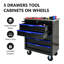 Armoire à outils verrouillable à 5 tiroirs sur roulettes - noir + bleu, construction, boîte à outils mobile de 26,39 x 13,62 x 26,7 pouces verrouillable, acier thermolaqué, pratique et spacieuse