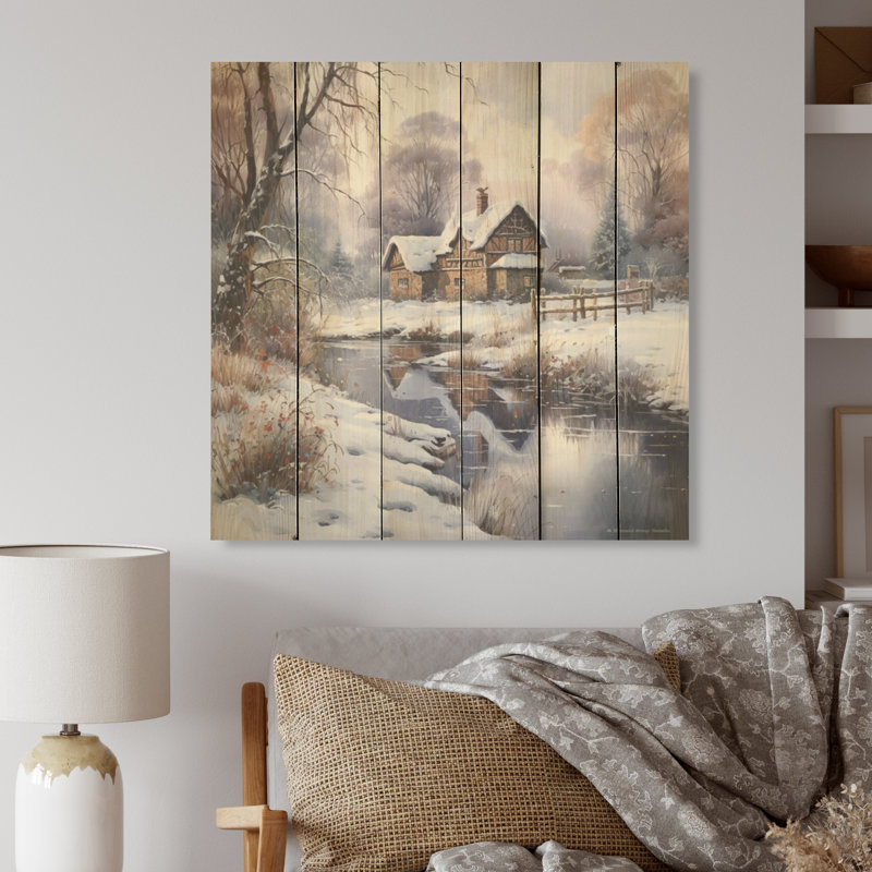 «Winter Charm At Country Home - Winter Landscape», art mural sur bois de pin naturel, H 15 po x l 15 po