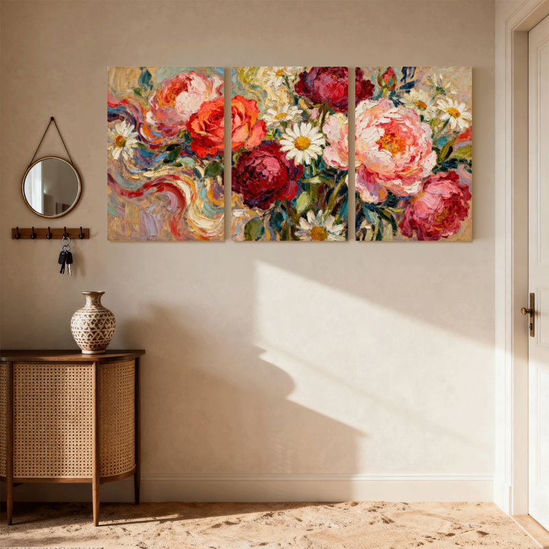 Plantes et fleurs, bouquet de fleurs avec roses et marguerites, ensemble de 3 impressions sur toile, H 24 po x l 48 po
