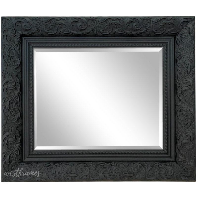 Bella French Ornate Embossed Framed Wall Mirror, 32.25" x 26.25", Black