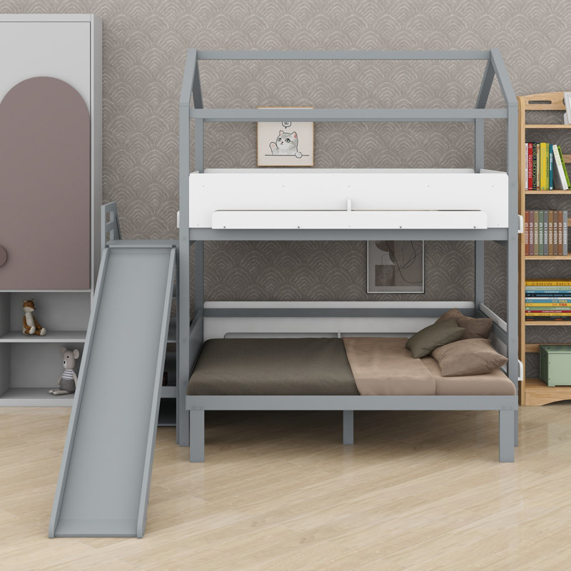 Bunk Bed, House-Shaped with Slide and Storage Staircase, Sturdy Frame, Gray+White