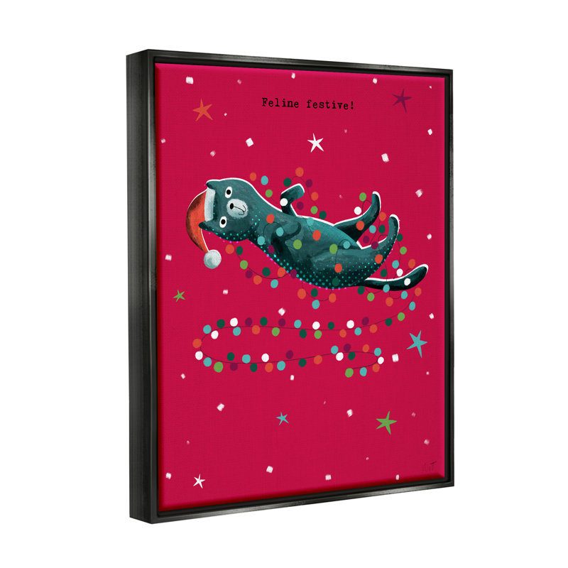 «Feline Festive Christmas Cat» par Andrew Thornton, impression, Cadre flottant noir de jais, H 21 po x l 17 po x P 1,7 po