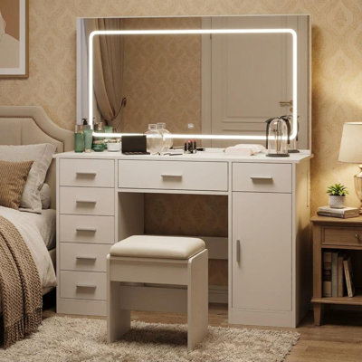 Vanity with Chair and Mirror and 7 Drawers Storage, White Makeup Vanity Desk with Lights, Vanitys Set with 3 Light Mode and Brightness Adjusted, Make by Wrought Studio
