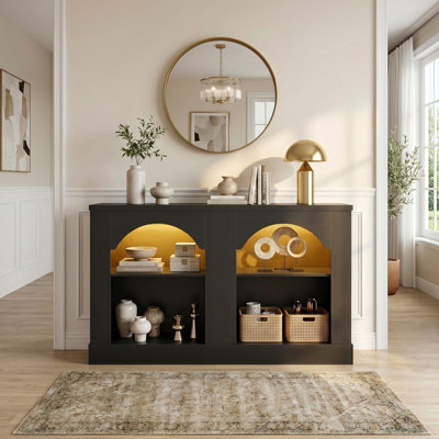 Farmhouse Console Table with Adjustable Shelves,Arched Entryway Table with LED Lights