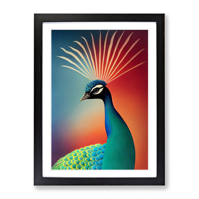Bold Peacock Art No.3 - Wall Art, Black Framed, 66cm H x 48cm W x 2cm D, White
